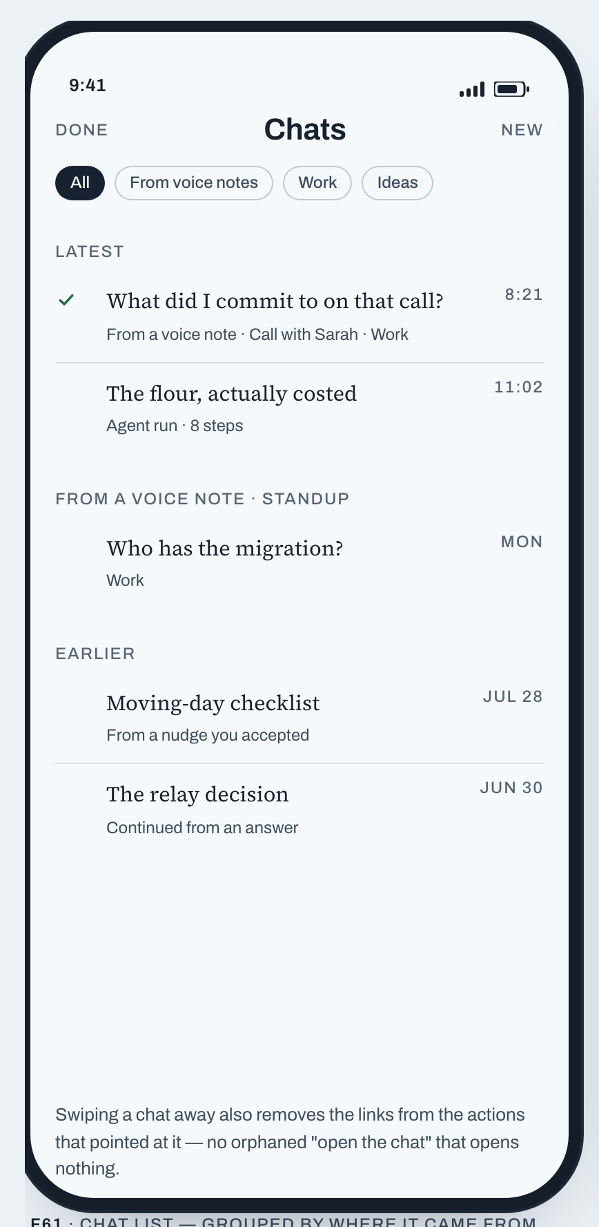 Solleva phone chat list: filters for all, from voice notes, work and ideas; today's two chats naming where each came from — one from a voice note of a call with Sarah, one an agent run of eight steps — then a group headed 'From a voice note — standup', and older chats naming a nudge you accepted and an answer you continued from.